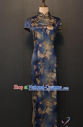 Custom China Compere Printing Pear Flowers Deep Blue Silk Qipao Dress Traditional Cheongsam Annual Meeting Clothing