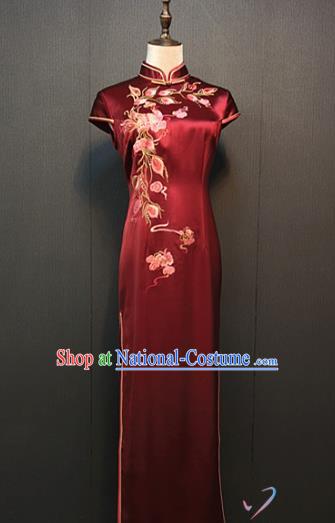 Republic of China Shanghai Women Clothing Custom Bride Cheongsam Top Quality Classical Wine Red Silk Qipao Dress