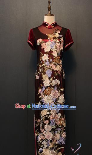 Custom China Embroidered Peony Wine Red Qipao Dress Traditional Classical Velvet Cheongsam Wedding Mother Clothing