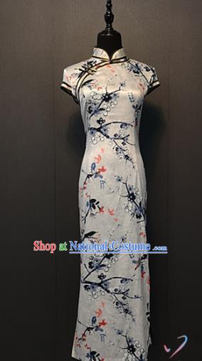 Custom China Printing Plum Birds White Qipao Dress Traditional Classical Silk Cheongsam Compere Clothing