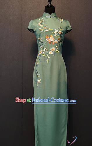 Custom Embroidered Plum Birds Green Silk Qipao Dress China Traditional Classical Cheongsam Shanghai Compere Clothing