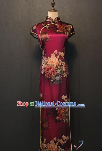 Shanghai Women Clothing Republic of China Bride Printing Peony Cheongsam Custom Classical Purple Silk Qipao Dress