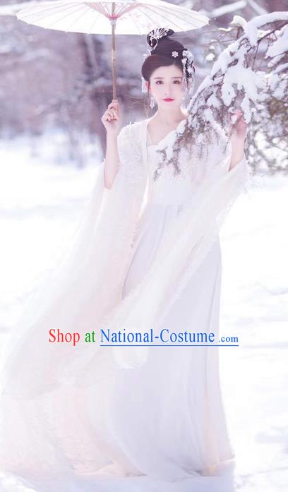 Traditional Chinese Tang Dynasty Royal Princess Costumes Ancient Goddess White Hanfu Dress and Hair Accessories Complete Set