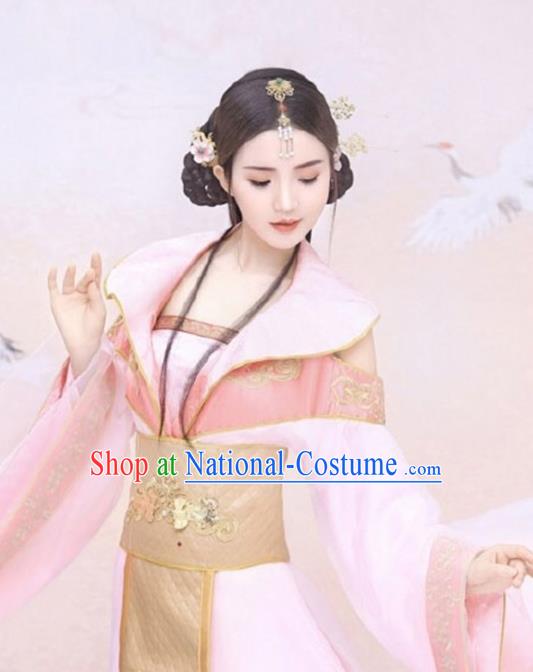 Chinese Ancient Princess Costumes Traditional Drama Apparels Tang Dynasty Empress Pink Hanfu Dress and Hair Accessories