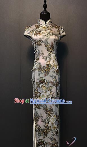 Custom Classical Silk Qipao Dress Shanghai Women Clothing Republic of China Bride Printing Flowers White Cheongsam