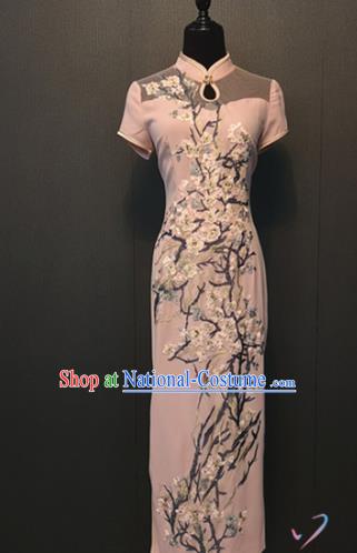 Custom Classical Embroidered Pink Qipao Dress Women Clothing Republic of China Shanghai Silk Cheongsam