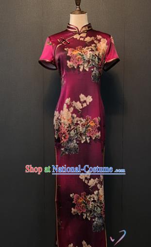 Shanghai Printing Peony Purple Silk Cheongsam Custom Classical Qipao Dress Republic of China Women Clothing