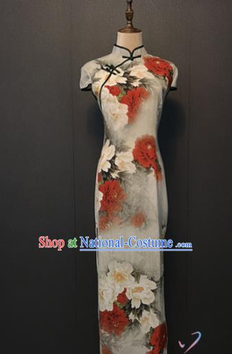 Custom Classical Qipao Dress Republic of China Women Clothing Shanghai Printing Peony White Silk Cheongsam