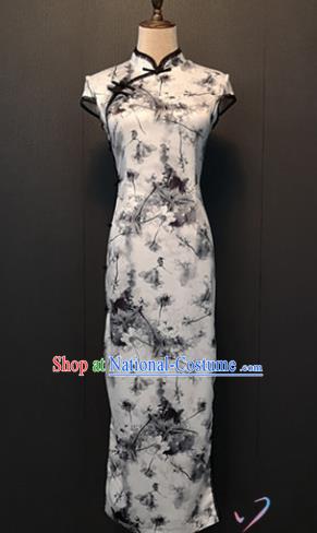 Custom Ink Painting White Silk Cheongsam Republic of China Women Clothing Shanghai Classical Qipao Dress