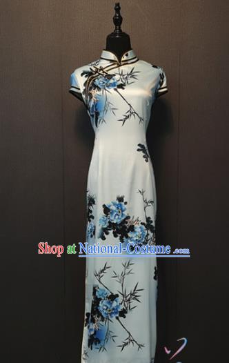 Republic of China Women Clothing Shanghai Classical Qipao Dress Custom Ink Painting Peony Bamboo Silk Cheongsam