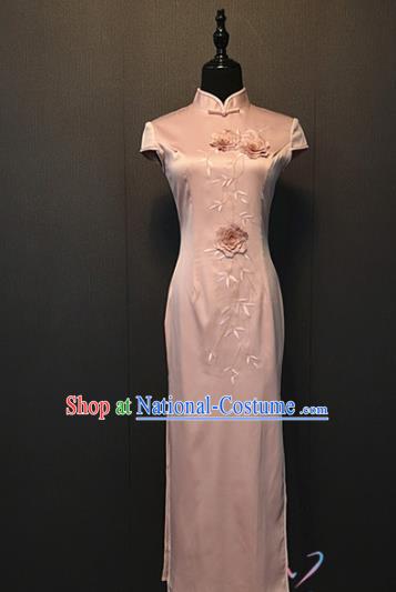 Republic of China Shanghai Women Classical Qipao Dress Custom Clothing Embroidered Peony Pink Silk Cheongsam