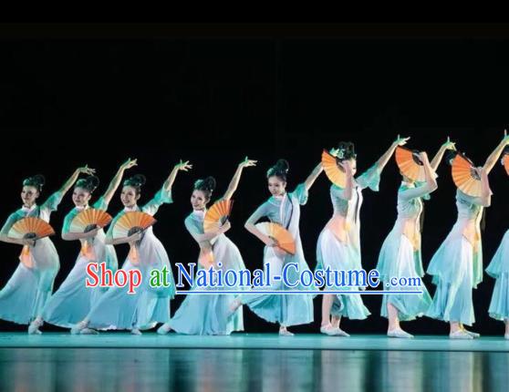 China Traditional Classical Dance Costume Fan Dance Women Group Dance Blue Outfits