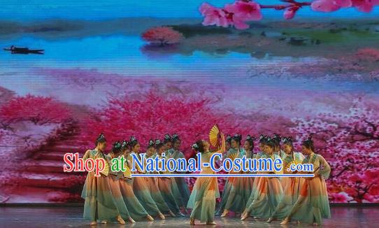 China Traditional Classical Dance Costume Fan Dance Women Group Dance Blue Outfits