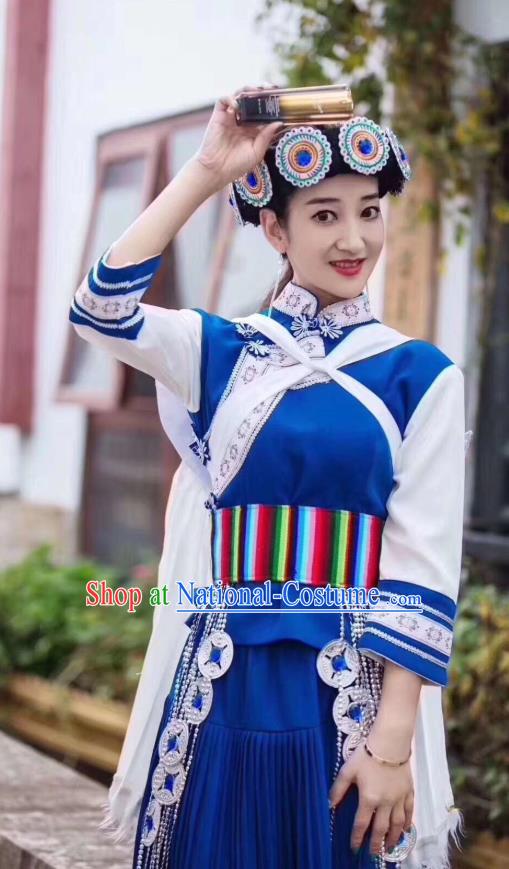 Custom China Yunnan Ethnic Folk Dance Clothing Traditional Nahsi Minority Costumes Naxi Nationality Wedding Apparels and Headwear