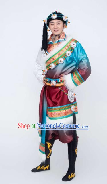 Custom China Zang Ethnic Folk Dance Clothing Traditional Minority Stage Sow Costumes Tibetan Nationality Men Outfits and Headwear