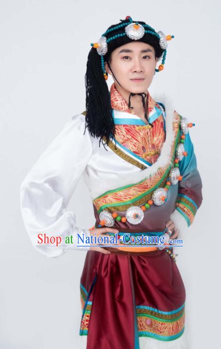 Custom China Zang Ethnic Folk Dance Clothing Traditional Minority Stage Sow Costumes Tibetan Nationality Men Outfits and Headwear