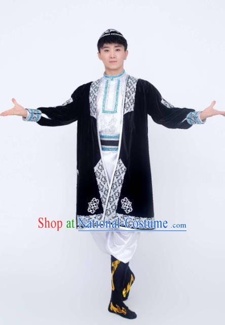 Custom China Xinjiang Ethnic Folk Dance Clothing Traditional Minority Stage Show Costumes Uyghur Nationality Black Outfits and Hat