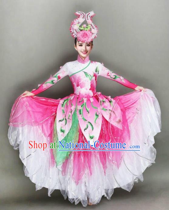 China Lotus Dance Pink Dress Traditional Modern Dance Costume Spring Festival Gala Stage Performance Clothing and Headwear