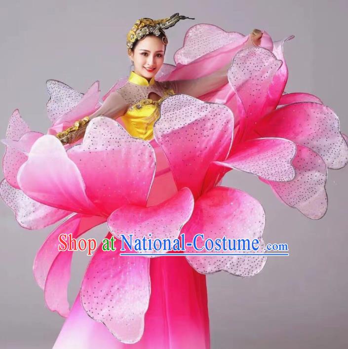 China Peony Flower Dance Pink Dress Traditional Classical Dance Costume Spring Festival Gala Opening Dance Clothing and Hair Accessories