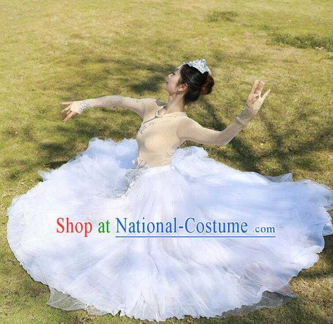 Custom China Mongolian Ethnic Clothing Traditional Minority Dance Costumes Mongol Nationality White Dress and Headpiece