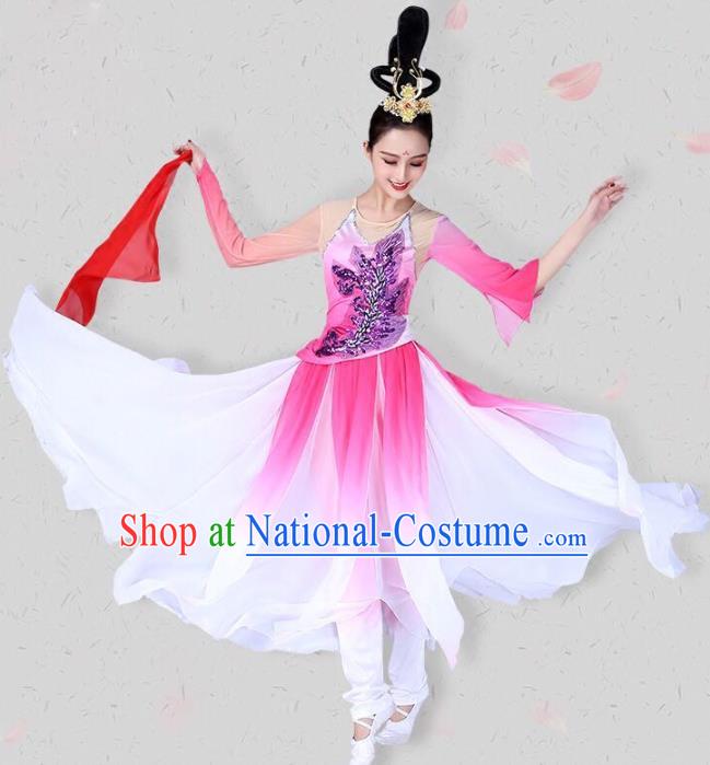 China Classical Dance Pink Dress Traditional Fan Dance Costume Dance Competition Performance Clothing and Headwear