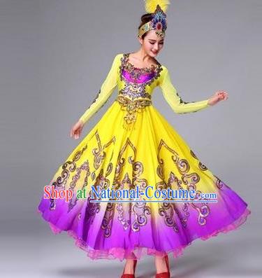 Custom China Uyghur Ethnic Clothing Traditional Minority Dance Costumes Xijiang Nationality Yellow Dress and Headdress