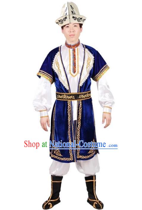 Custom China Ethnic Dance Clothing Traditional Minority Men Costumes Kazak Nationality Blue Vest Shirt Pants and Hat