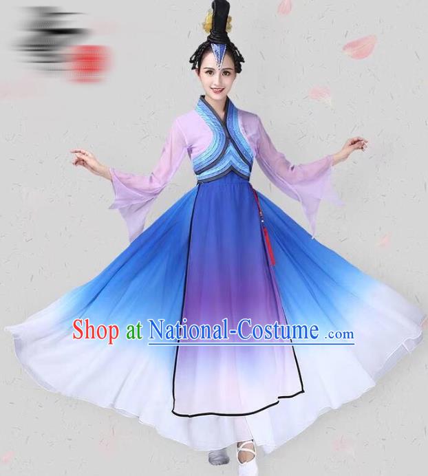 China Classical Dance Costume Traditional Fan Dance Clothing Dance Competition Performance Lilac Dress and Headwear