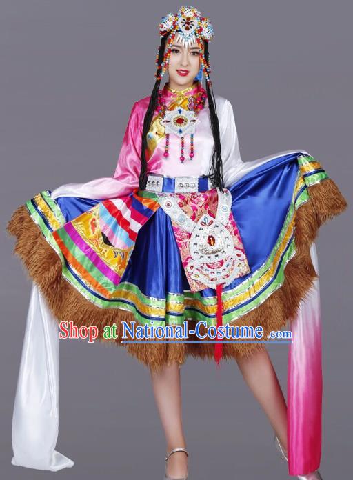 Custom China Zang Ethnic Dance Clothing Traditional Minority Dress Tibetan Nationality Water Sleeve Costumes and Headwear