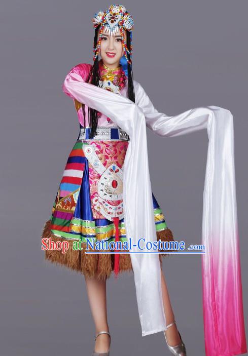 Custom China Zang Ethnic Dance Clothing Traditional Minority Dress Tibetan Nationality Water Sleeve Costumes and Headwear