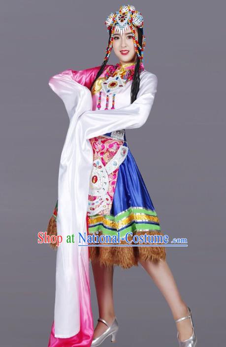 Custom China Zang Ethnic Dance Clothing Traditional Minority Dress Tibetan Nationality Water Sleeve Costumes and Headwear