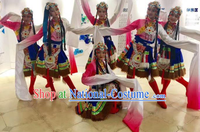 Custom China Zang Ethnic Dance Clothing Traditional Minority Dress Tibetan Nationality Water Sleeve Costumes and Headwear