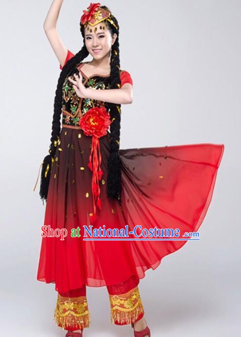 Custom China Ethnic Dance Clothing Traditional Xinjiang Minority Dress Uyghur Nationality Costumes Red Vest and Skirt and Hat