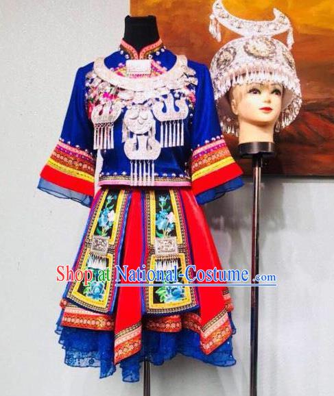 Custom China Hmong Ethnic Dance Clothing Traditional Xiangxi Minority Dress Miao Nationality Costumes Blue Blouse and Short Skirt and Hat