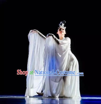 China Classical Dance Costume Traditional Court Dance Clothing Dance Competition White Dress and Headwear