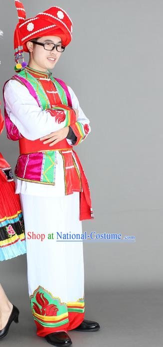 China Yi Ethnic Men Clothing Custom Traditional Yi Minority Nationality Folk Dance Costumes and Hat