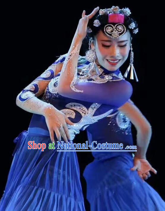 China Yi Ethnic Dance Clothing Custom Traditional Yi Minority Nationality Stage Show Costumes Blue Dress and Hair Accessories