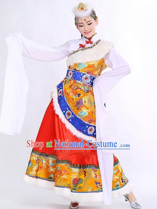 China Zang Minority Ethnic Folk Dance Dress Custom Traditional Tibetan Nationality Costumes Water Sleeve Clothing and Headdress