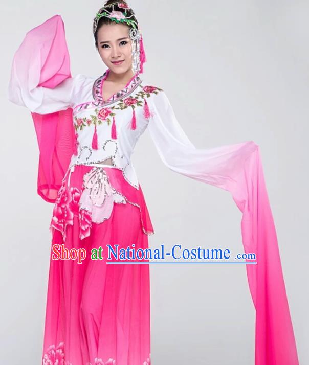 China Water Sleeve Dance Costume Traditional Spring Festival Gala Classical Dance Clothing Fan Dance Rosy Dress and Headpieces