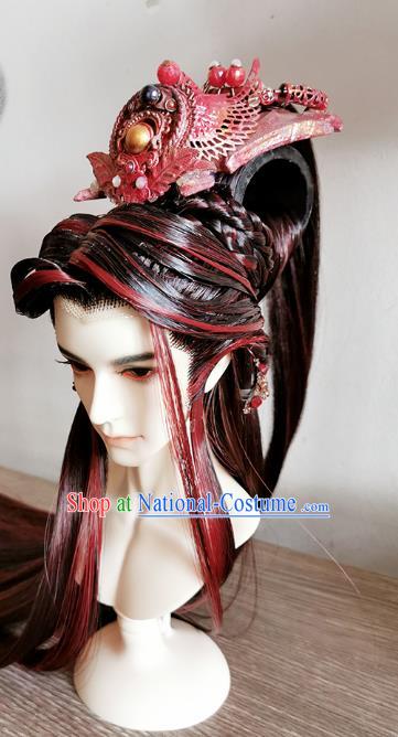 China BJD King Yan Red Wig Sheath Cosplay Swordsman Wigs Hair Accessories