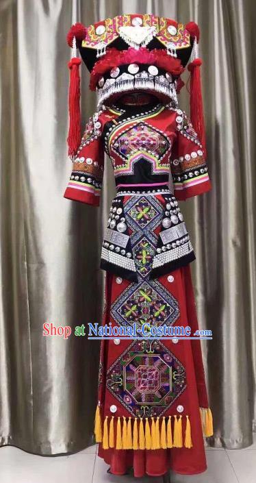 Custom China Zhuang Ethnic Clothing Traditional Minority Wedding Costumes Nationality Festival Embroidered Dress and Headdress