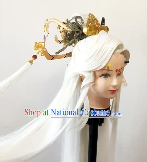 China BJD Swordsman White Wig Sheath Cosplay Ancient Taoist Priest Wigs and Hair Accessories