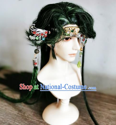 Handmade China Cosplay Lo Luo Wigs Ancient Knight BJD Swordsman Green Wig Sheath and Hair Accessories