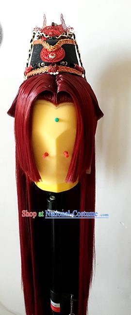 China Ancient Brown Wigs Handmade BJD Swordsman Wig Sheath Cosplay Game Character Hair Accessories