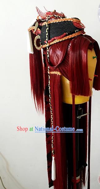 China Ancient Brown Wigs Handmade BJD Swordsman Wig Sheath Cosplay Game Character Hair Accessories