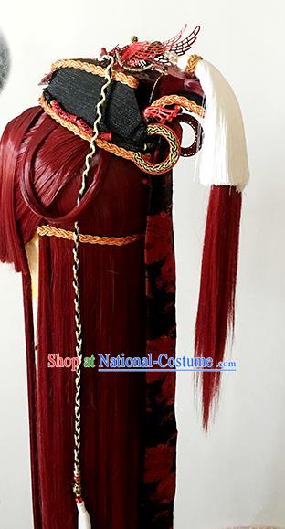 China Ancient Brown Wigs Handmade BJD Swordsman Wig Sheath Cosplay Game Character Hair Accessories