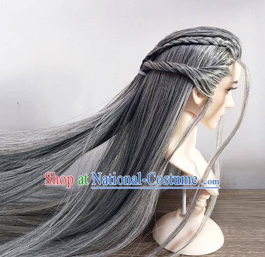 Handmade China Cosplay Ancient Knight Wigs BJD Swordsman Grey Wig Sheath