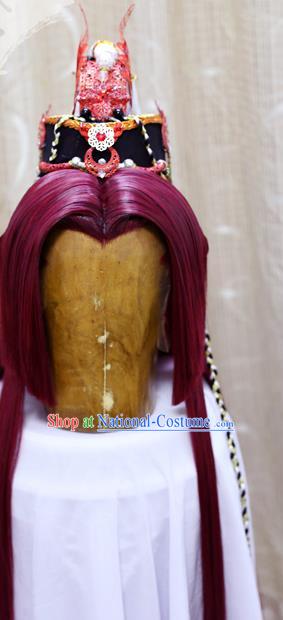 Handmade Cosplay Prince Wig Sheath China Ancient Swordsman Red Wigs Stage Performance Hair Accessories