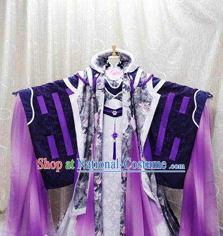 China Cosplay Swordswoman Purple Dress Clothing Custom Traditional Ancient Female Knight Su Huanzhen Costumes