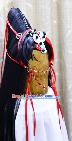 Cosplay Swordsman Blue Wig Sheath Handmade China Ancient Chivalrous King Wigs and Hair Accessories